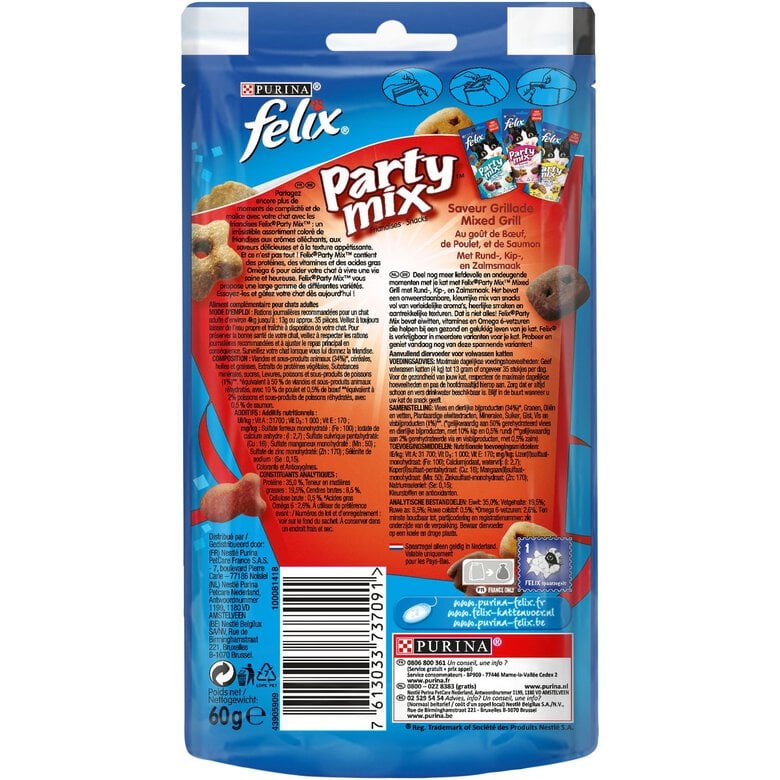 Felix - Friandises Party Mix Saveur Grillade pour Chat - 60g Image numéro 3 Felix - Friandises Party Mix Saveur Grillade pour Chat - 60g Image numéro 3