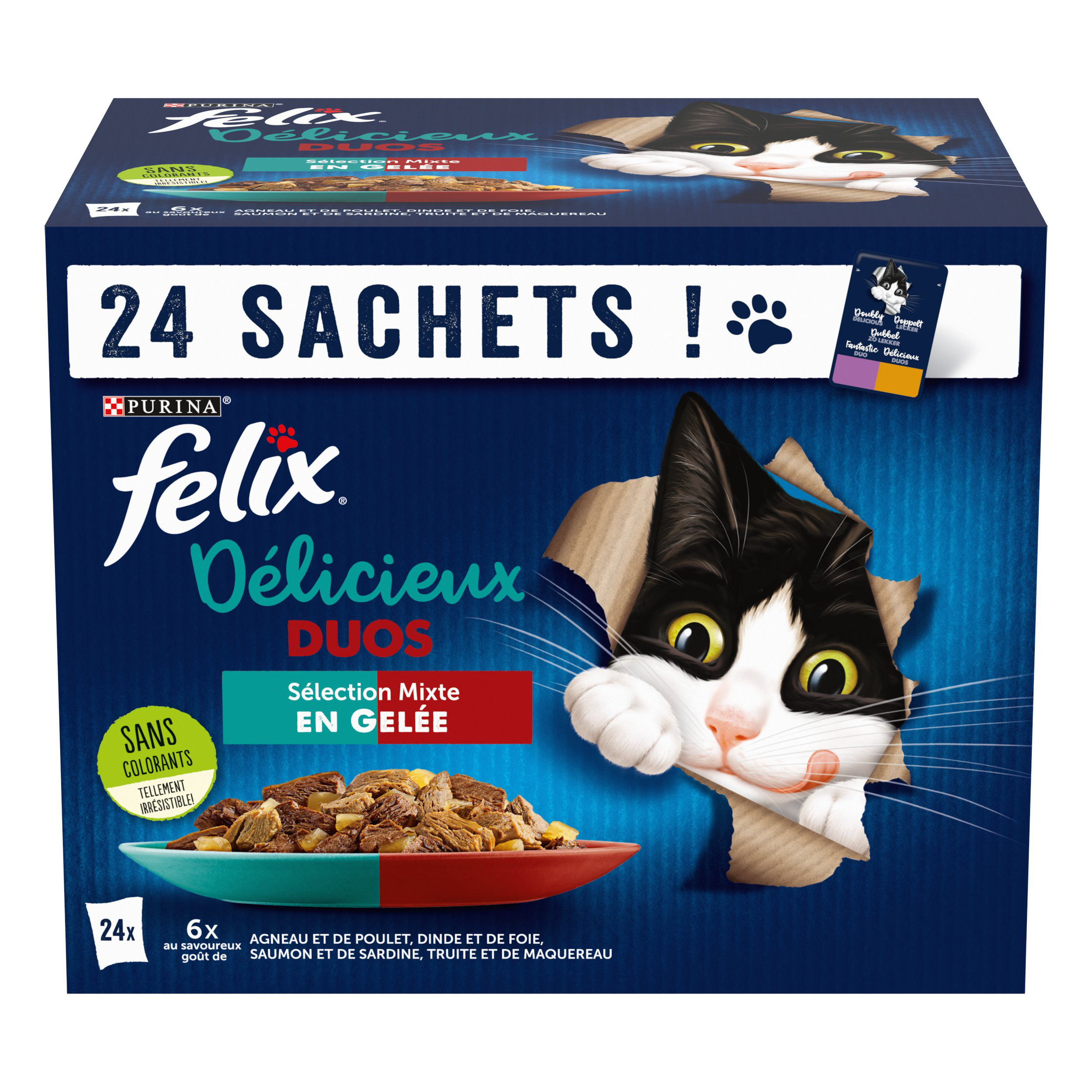 FELIX - Sachets fra&icirc;cheurs D&eacute;licieux Duos en Gel&eacute;e Mixte Agneau poulet Poisson pour Chats- 24x85g Image num&eacute;ro 1