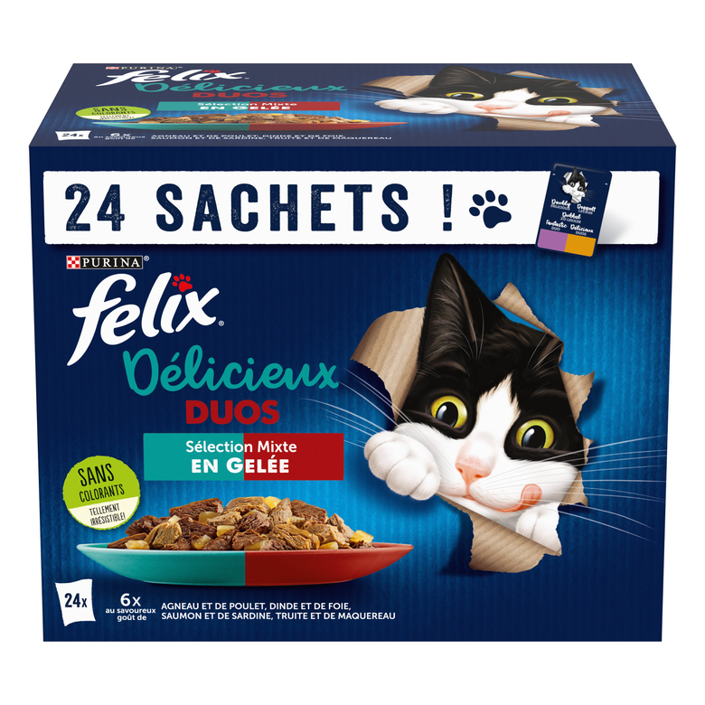 FELIX - Sachets fraîcheurs Délicieux Duos en Gelée Mixte Agneau poulet Poisson pour Chats- 24x85g Image numéro 1 FELIX - Sachets fraîcheurs Délicieux Duos en Gelée Mixte Agneau poulet Poisson pour Chats- 24x85g Image numéro 1