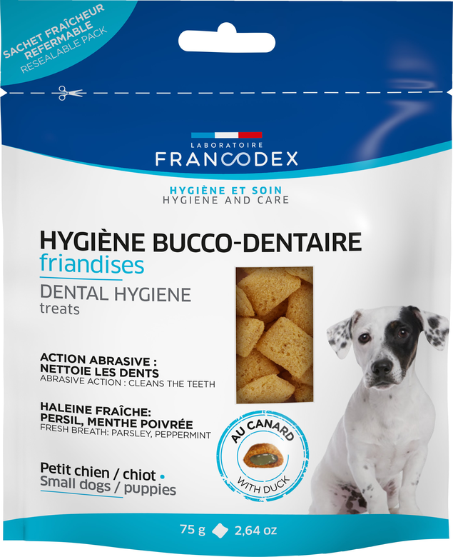 Francodex - Friandises Hygiène Bucco-Dentaire pour Chiots et Petits Chiens - 75g Image numéro 1 Francodex - Friandises Hygiène Bucco-Dentaire pour Chiots et Petits Chiens - 75g Image numéro 1