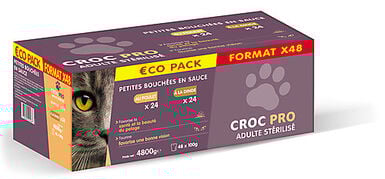 Croc Pro - Multipack Bouchées en Sauce Poulet et Dinde pour Chats Adultes Stérilisés - 48x100g