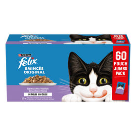 Felix - P&acirc;t&eacute;e en Gel&eacute;e Eminc&eacute;s Original B&oelig;uf Poulet Canard et Saumon pour Chats - 60x85g
