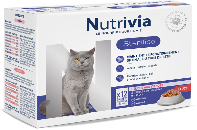 Nutrivia - Sachets en Sauce à la Viande pour Chats Adultes Stérilisés - 12x100g Image numéro 1 Nutrivia - Sachets en Sauce à la Viande pour Chats Adultes Stérilisés - 12x100g Image numéro 1