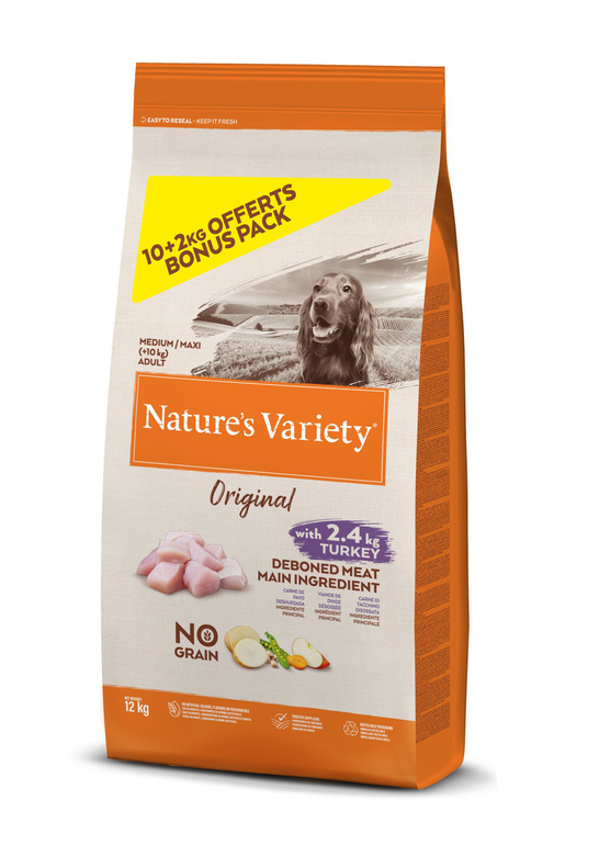 Nature's Variety - Croquettes Chien Original No Grain Medium Adult Dinde - 10kg + 2Kg Offerts Image numéro 1 Nature's Variety - Croquettes Chien Original No Grain Medium Adult Dinde - 10kg + 2Kg Offerts Image numéro 1