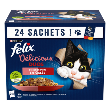 FELIX - Sachets fraîcheurs Délicieux Duos en Gelée Mixte Boeuf poulet Poisson pour Chats- 24x85g