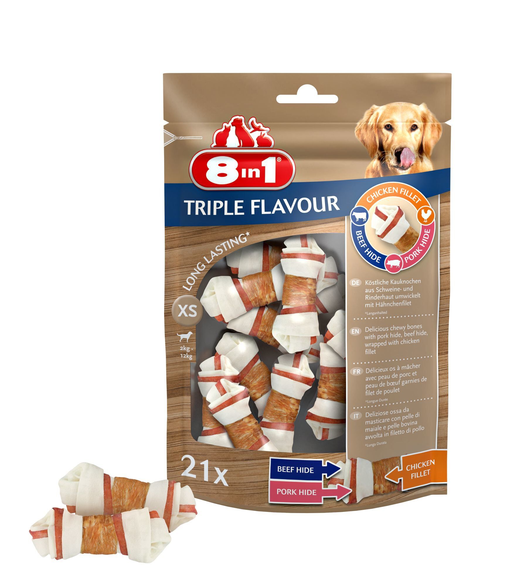 8in1 - Friandises Os &agrave; M&acirc;cher Triple Flavour x21 pour Chien - XS Image num&eacute;ro 1