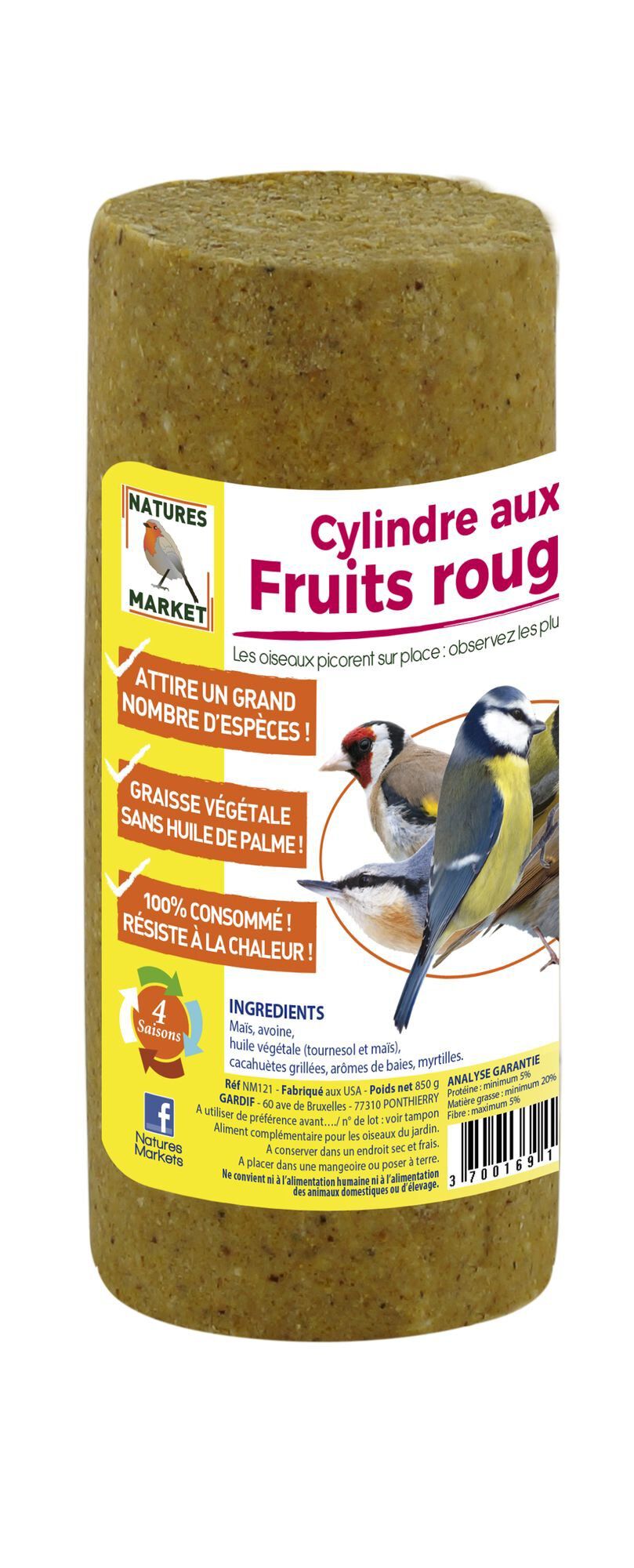Natures Markets - Cylindre Graisse V&eacute;g&eacute;tale aux Fruits Rouges pour Oiseaux du Ciel - 850g Image num&eacute;ro 1