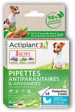 ActiPlant'3 - Pipettes Antiparasitaires et Apaisantes Bio pour Chiot et Petit Chien - x3