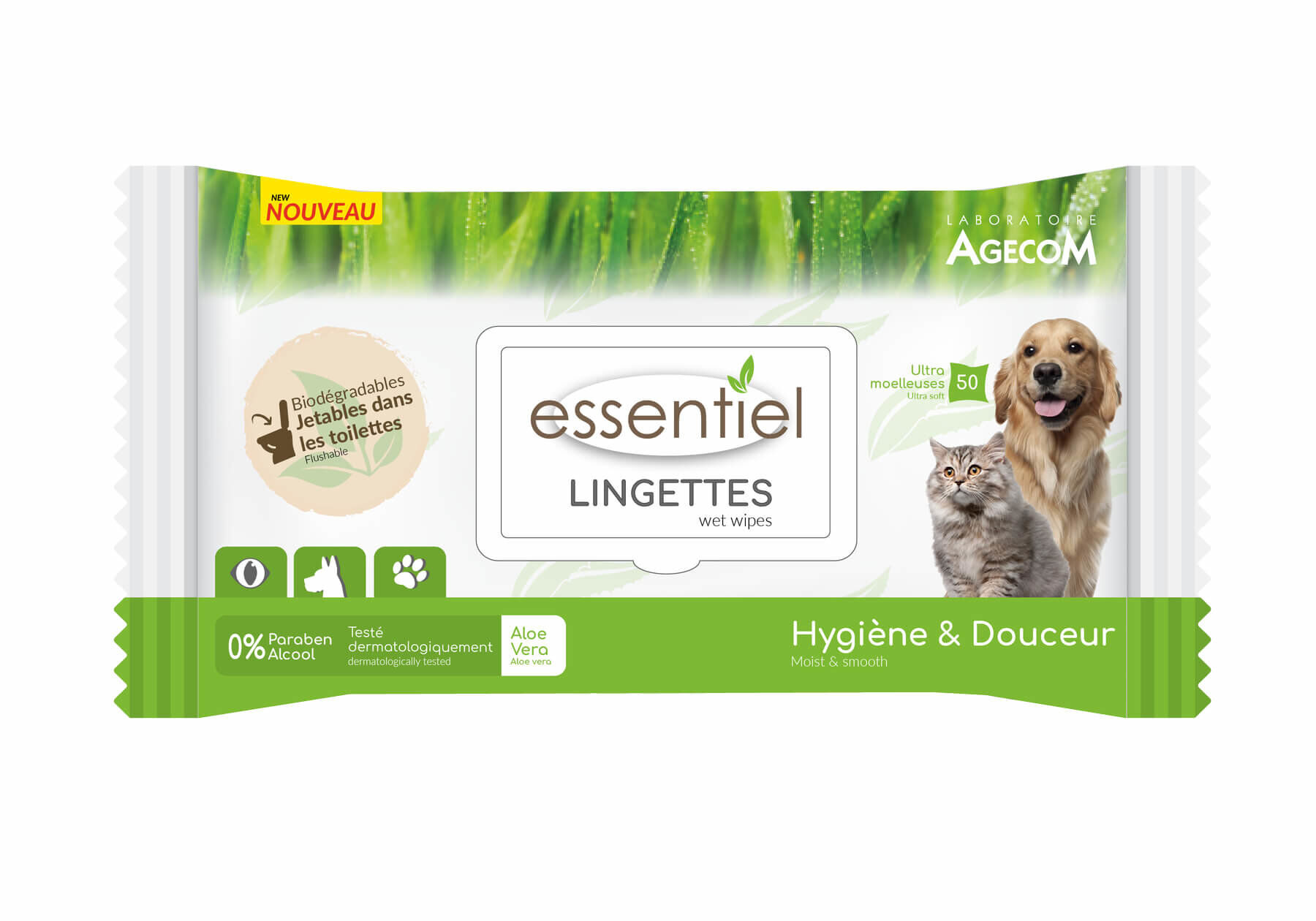 Essentiel - Lingettes Aloe Vera 0% Paraben pour Chien et Chat - x40 Image num&eacute;ro 1
