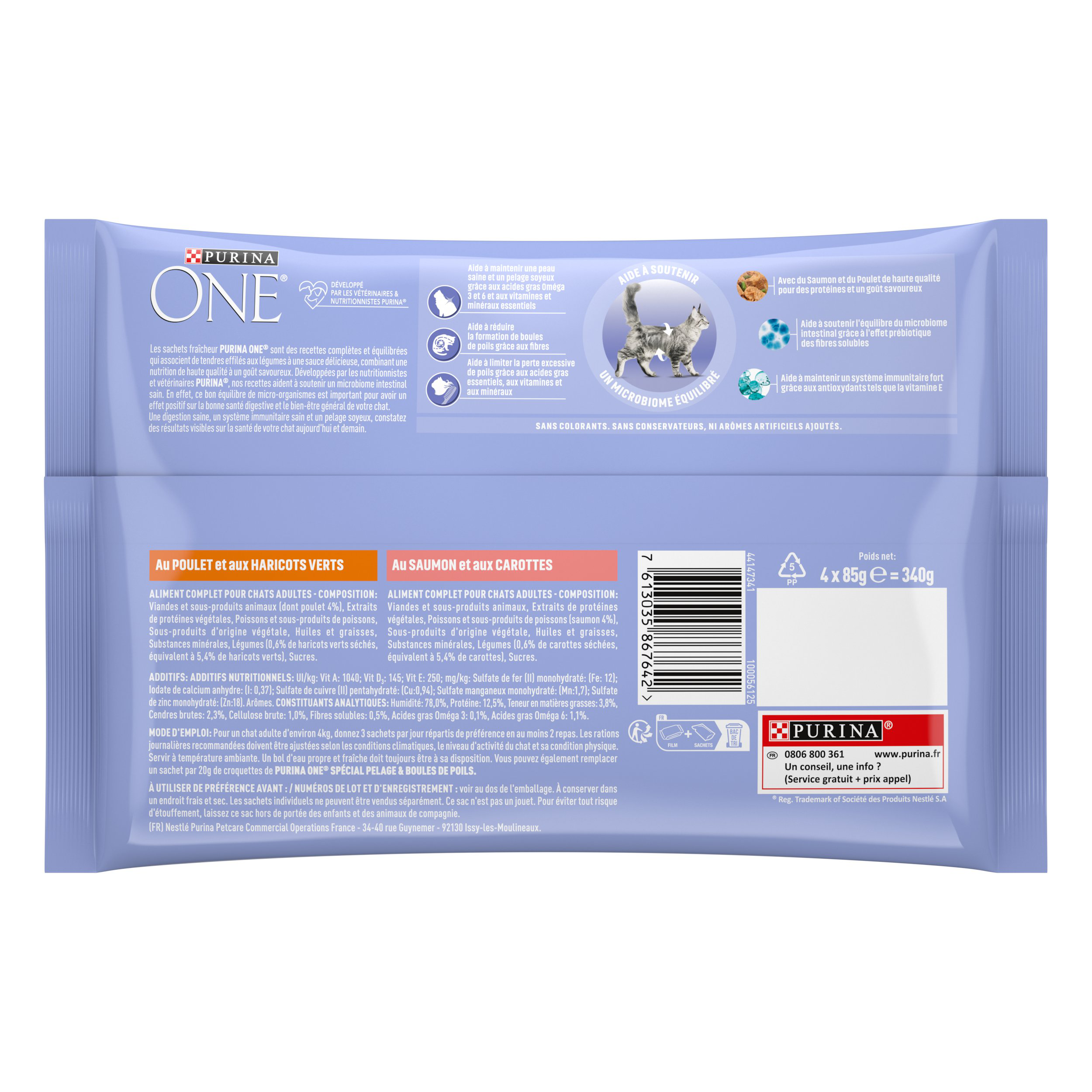 PURINA ONE - Sachets fra&icirc;cheurs Pelage Boules de Poils Saumon et Poulet pour Chats - 4x85g Image num&eacute;ro 2