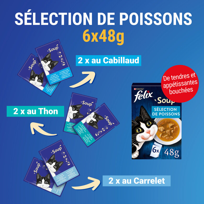 Felix - Soupes en sachets Sélection de Poissons pour Chats - 6x48g Image numéro 5 Felix - Soupes en sachets Sélection de Poissons pour Chats - 6x48g Image numéro 5