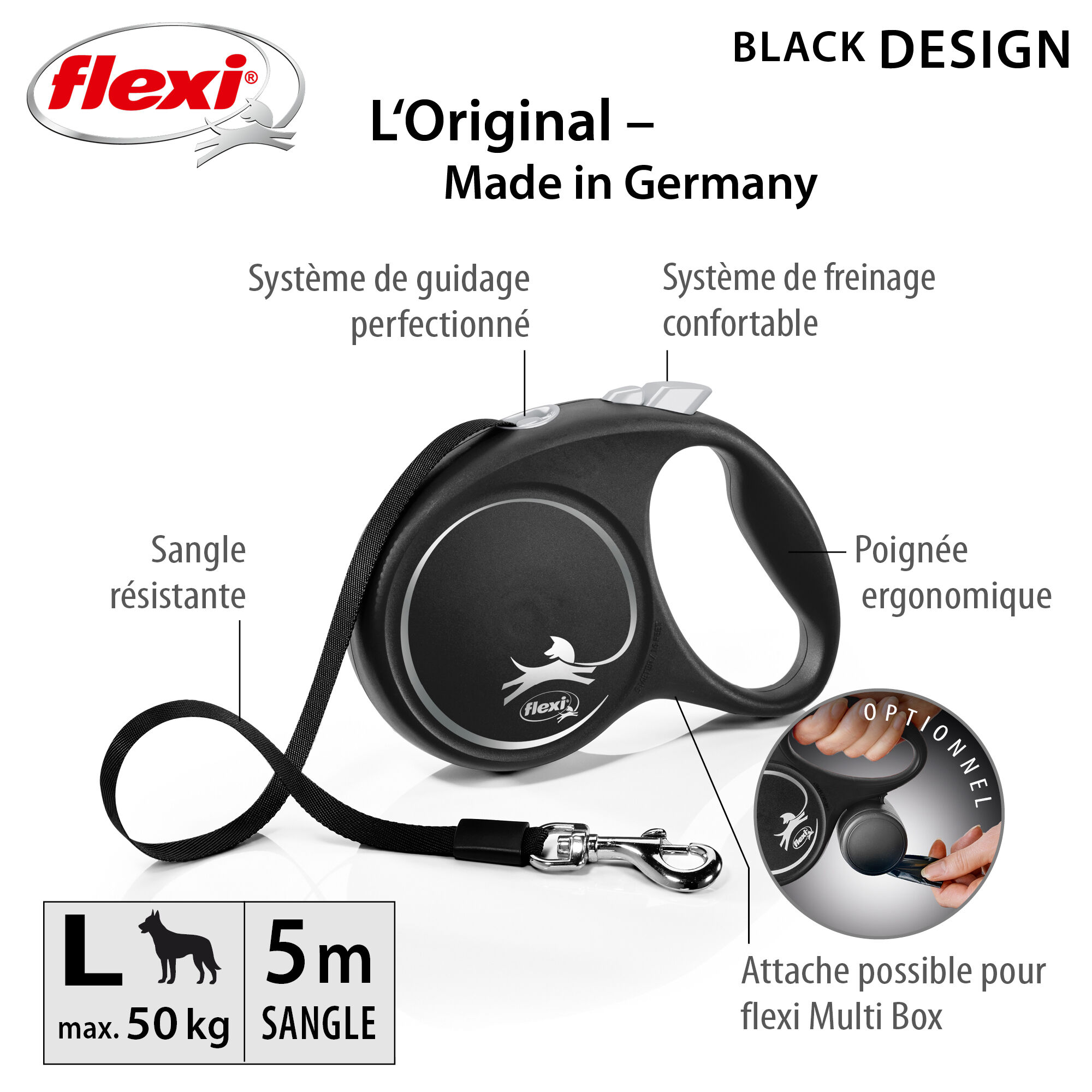 Flexi - Laisse &agrave; Enrouleur Black Design L Sangle pour Chiens - 5m Noir/Bleu Image num&eacute;ro 3