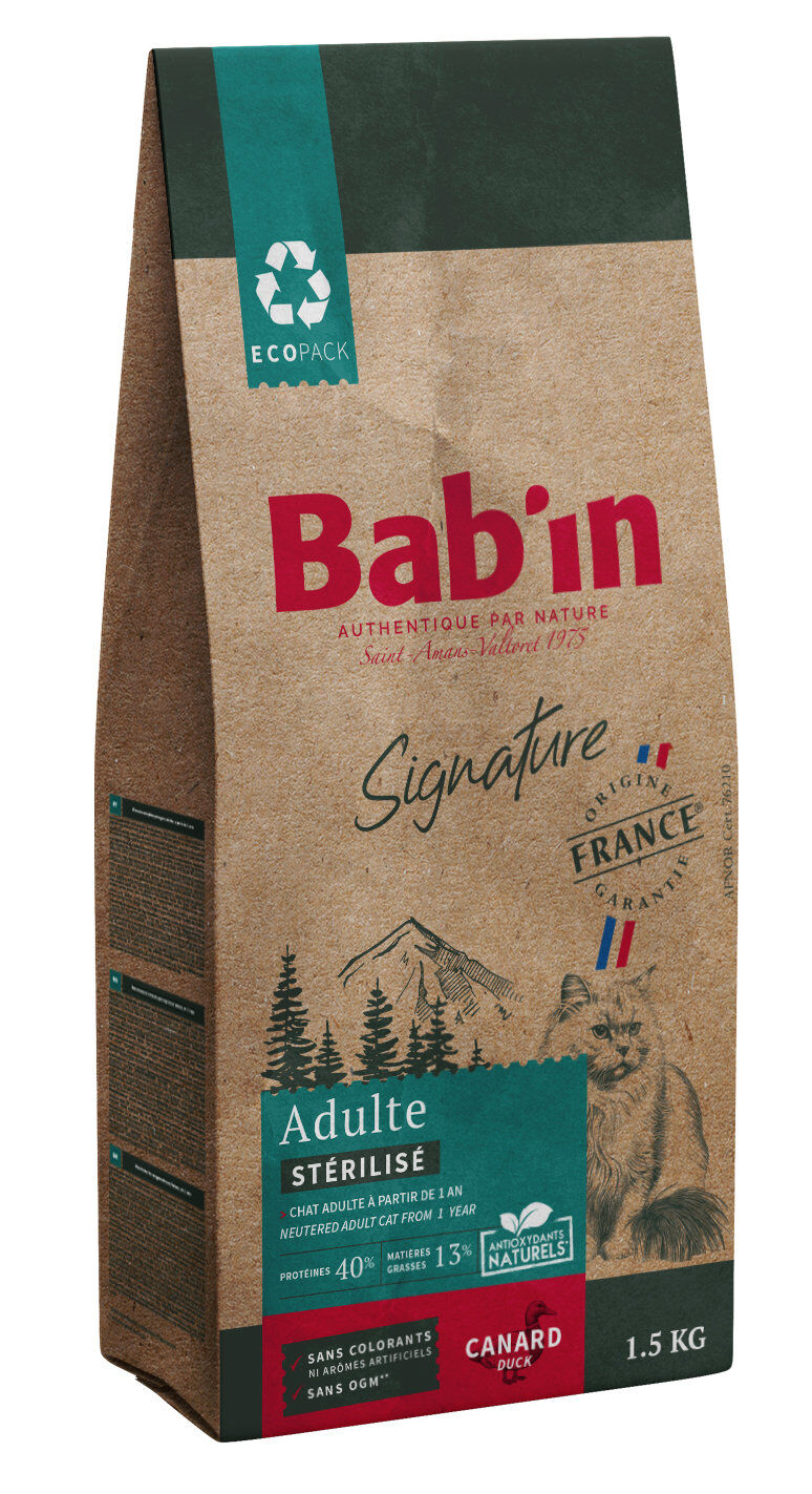 Bab'in - Croquettes Canard pour Chats St&eacute;rilis&eacute;s - 1,5Kg Image num&eacute;ro 1