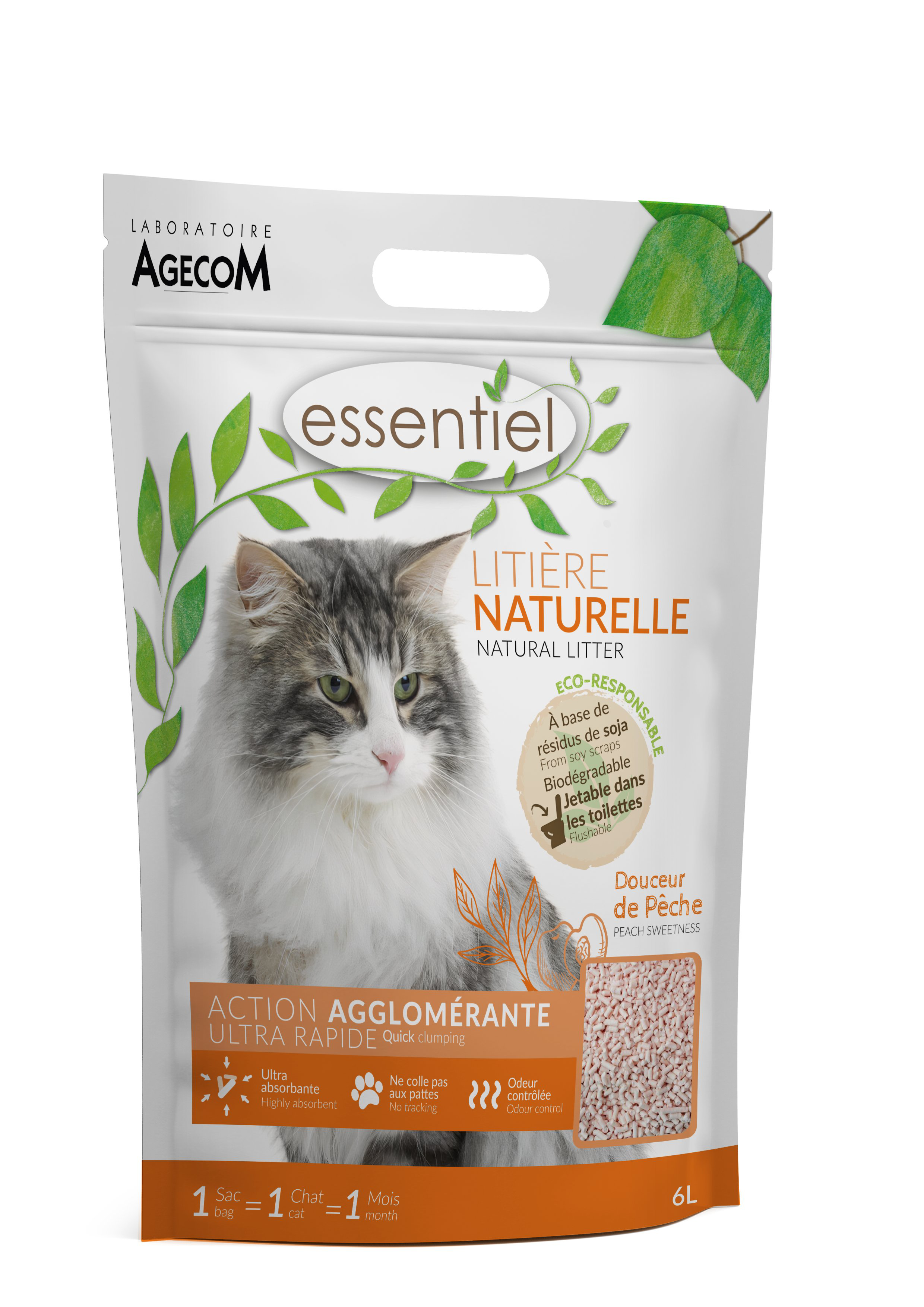 Essentiel - Liti&egrave;re Naturelle Agglom&eacute;rante Soja P&ecirc;che pour Chat - 6L Image num&eacute;ro 1
