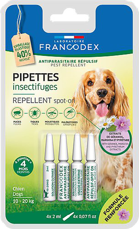 Francodex - Pipettes Antiparasitaires Répulsives pour Chiens Adultes - x4 Image numéro 1 Francodex - Pipettes Antiparasitaires Répulsives pour Chiens Adultes - x4 Image numéro 1