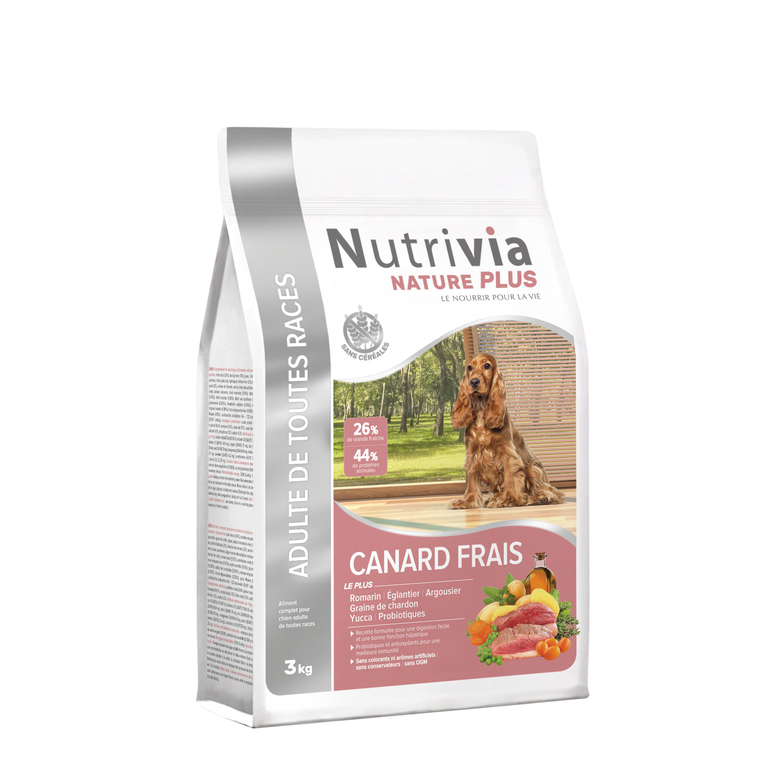 Nutrivia Nature Plus - Croquettes Naturelles au Canard Frais pour Chien Adulte de Toutes Races - 3Kg Image numéro 1 Nutrivia Nature Plus - Croquettes Naturelles au Canard Frais pour Chien Adulte de Toutes Races - 3Kg Image numéro 1