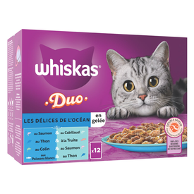 Whiskas - Sachets Fra&icirc;cheurs Duo Les D&eacute;lices de l'Oc&eacute;an en Gel&eacute;e pour Chats - 12x85g