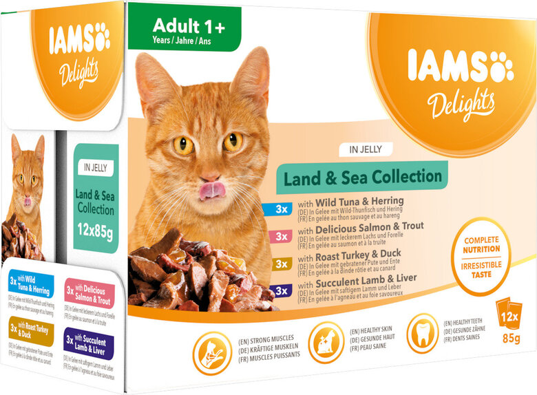 Iams - Boite Sachets Humides Delights Terre & Mer "Land & Sea Collection" en Gelée pour Chats - 12x85g Image numéro 1 Iams - Boite Sachets Humides Delights Terre & Mer "Land & Sea Collection" en Gelée pour Chats - 12x85g Image numéro 1