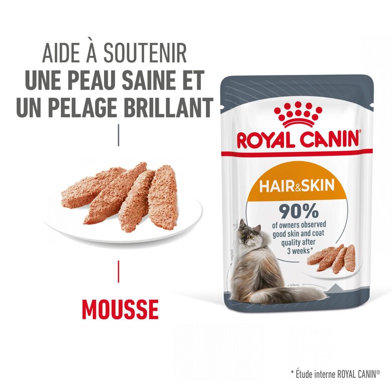 ROYAL CANIN - PÂTEE HAIR & SKIN EN MOUSSE CHAT ADULTE PEAU ET PELAGE - 12x85g Image numéro 1 ROYAL CANIN - PÂTEE HAIR & SKIN EN MOUSSE CHAT ADULTE PEAU ET PELAGE - 12x85g Image numéro 1