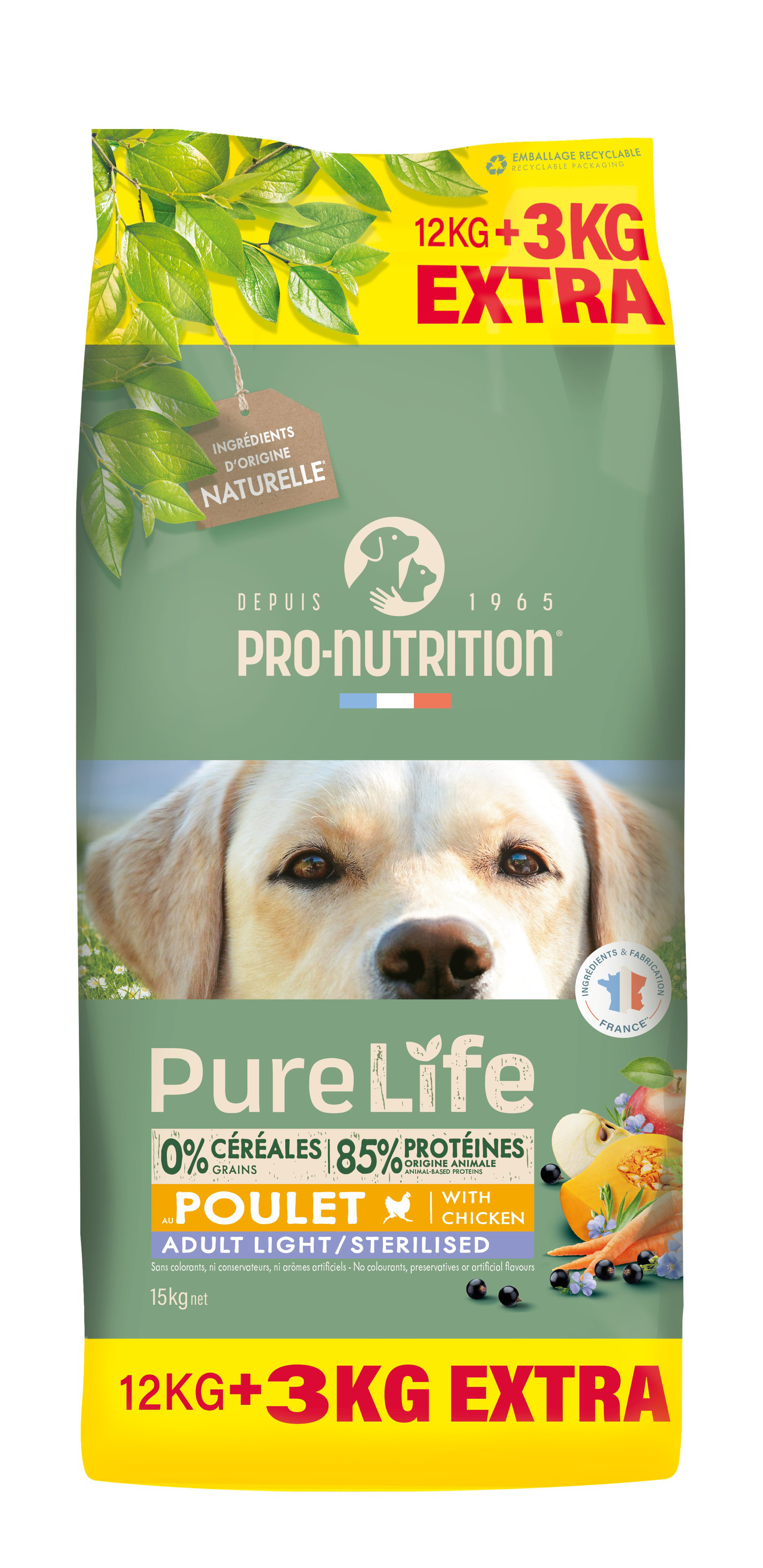 Pro-Nutrition - Croquettes Pure Life Chien Adult Light Sterilised - 12kg + 3kg Offerts Image num&eacute;ro 1