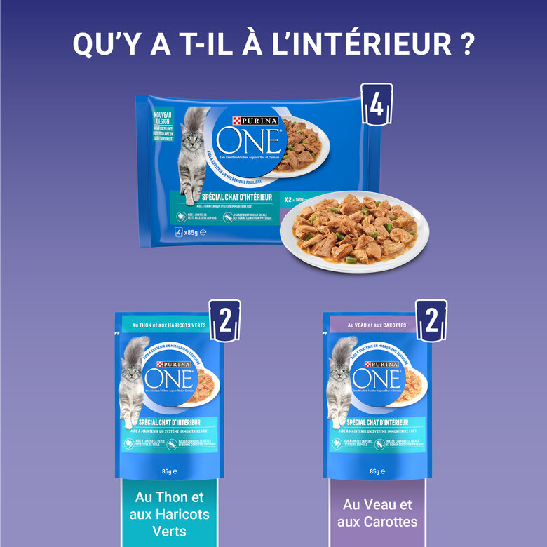 PURINA ONE - Sachets fraîcheurs Thon et Veau pour Chats d'intérieur - 4x85g image number null