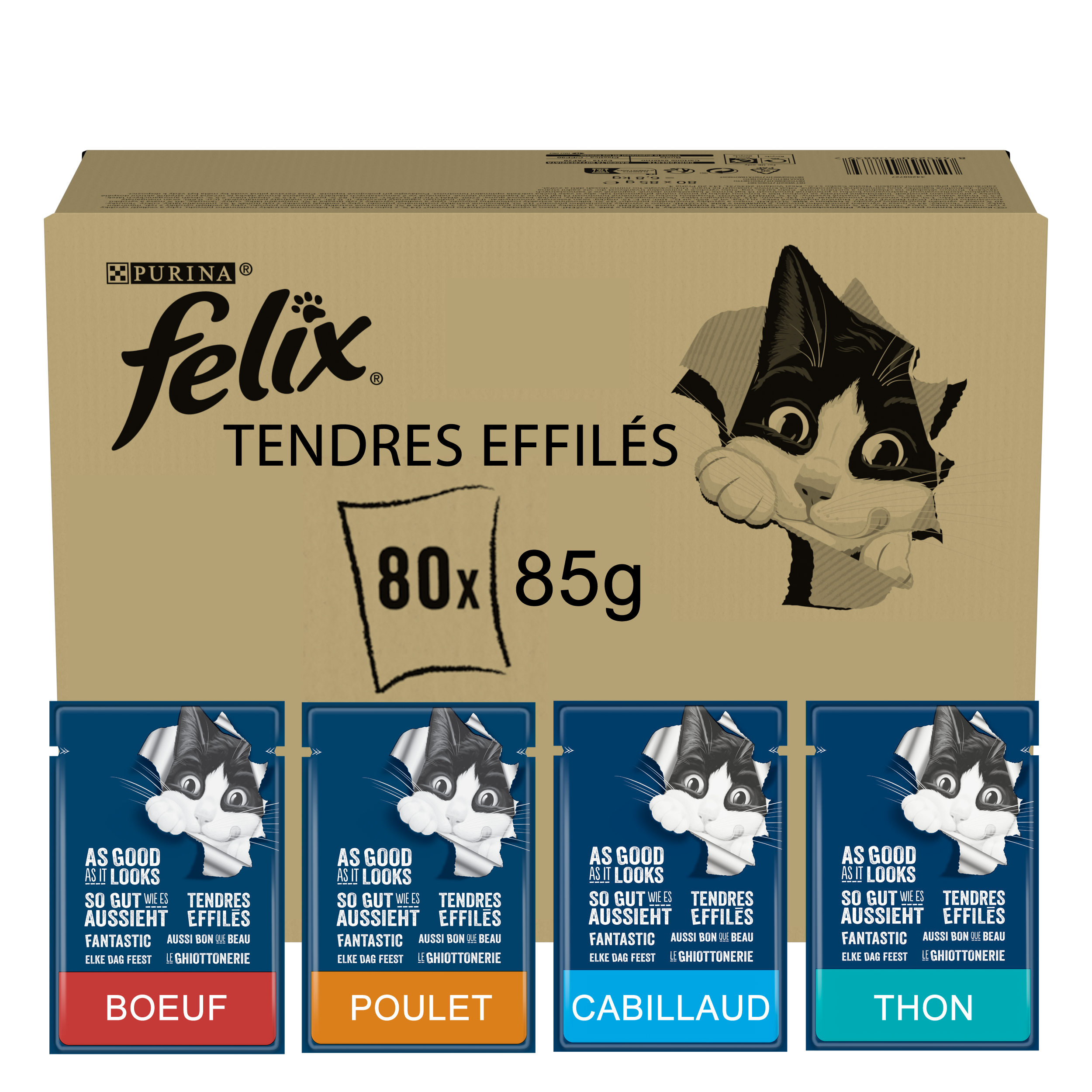 Felix - Tendres Effil&eacute;s en Gel&eacute;e S&eacute;lection Mixte B&oelig;uf Poulet Cabillaud Thon pour Chats - 80x85g Image num&eacute;ro 1
