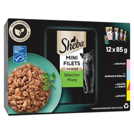 Sheba - Mini Filets en Sauce Sachets Fraîcheur Sélection Mixte 4 Variétés pour Chats - 12x85g