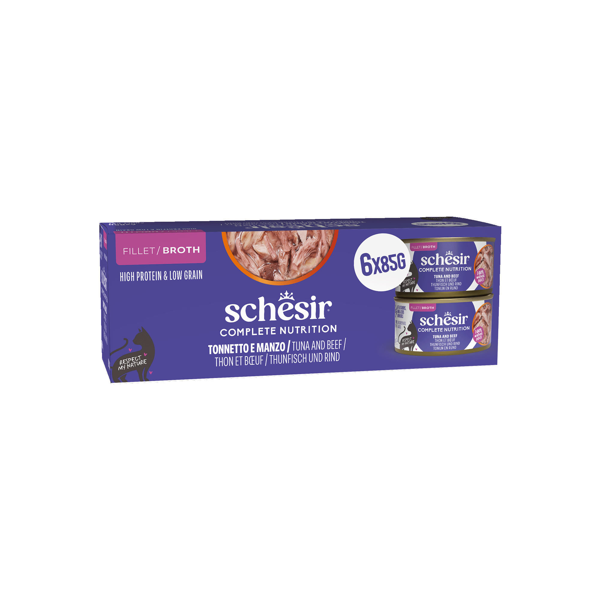 Schesir - P&acirc;t&eacute;e Complete Nutrition Bouillon Thon et B&oelig;uf pour Chats - 6x85g Image num&eacute;ro 1