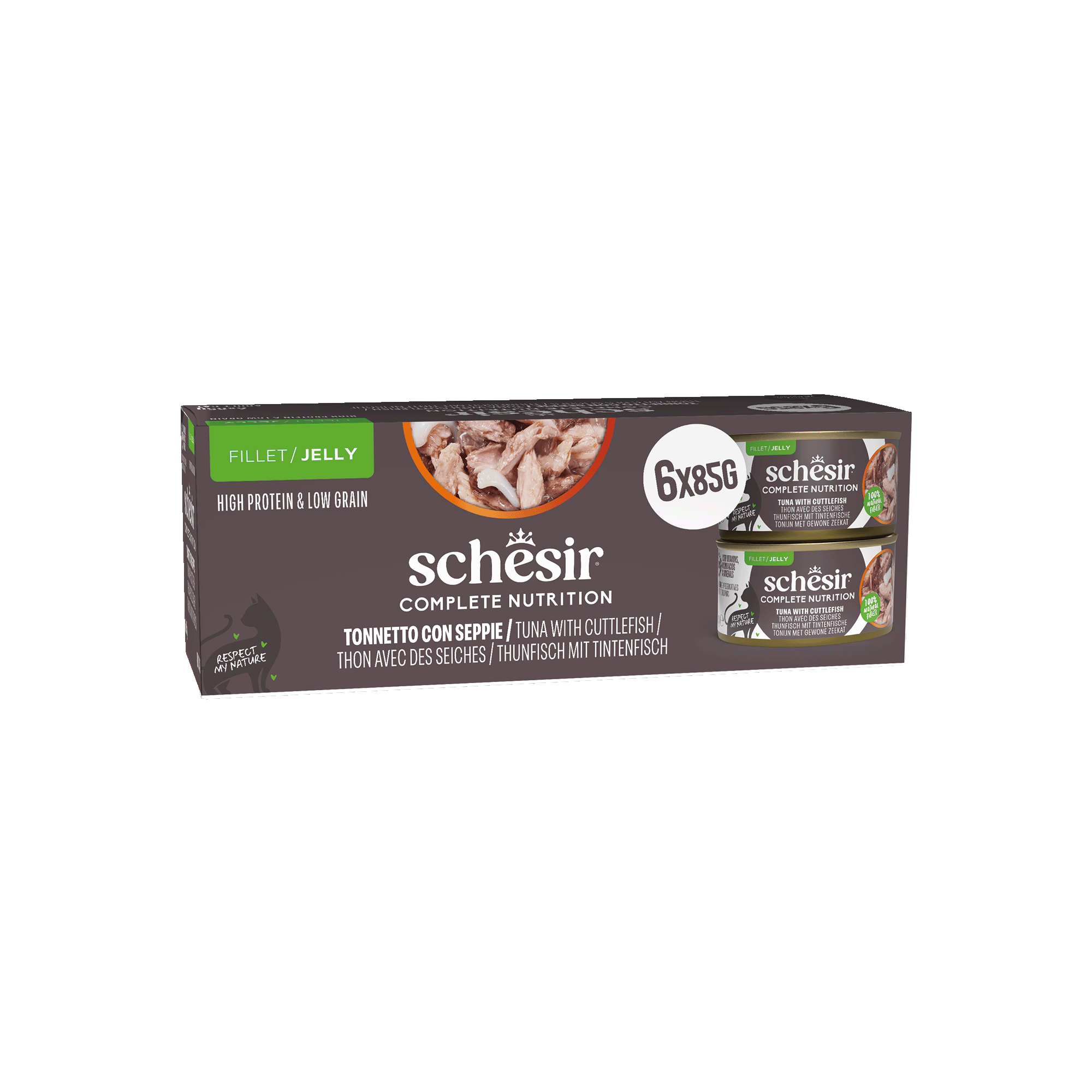 Schesir - Bo&icirc;te P&acirc;t&eacute;e en Gel&eacute;e Complete Nutrition Thon avec de la Seiche pour Chats - 6x85g Image num&eacute;ro 1