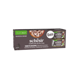 Schesir - Bo&icirc;te P&acirc;t&eacute;e en Gel&eacute;e Complete Nutrition Thon avec de la Seiche pour Chats - 6x85g