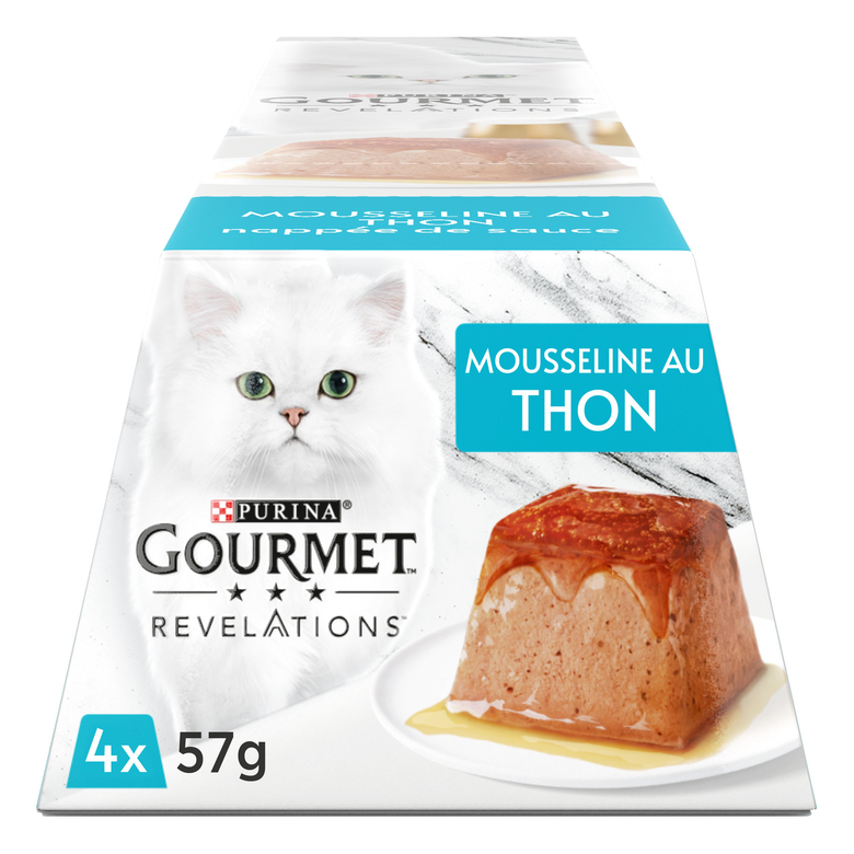 GOURMET - Repas REVELATIONS Mousseline Thon nappée de sauce pour Chats - 4X57g Image numéro 1 GOURMET - Repas REVELATIONS Mousseline Thon nappée de sauce pour Chats - 4X57g Image numéro 1
