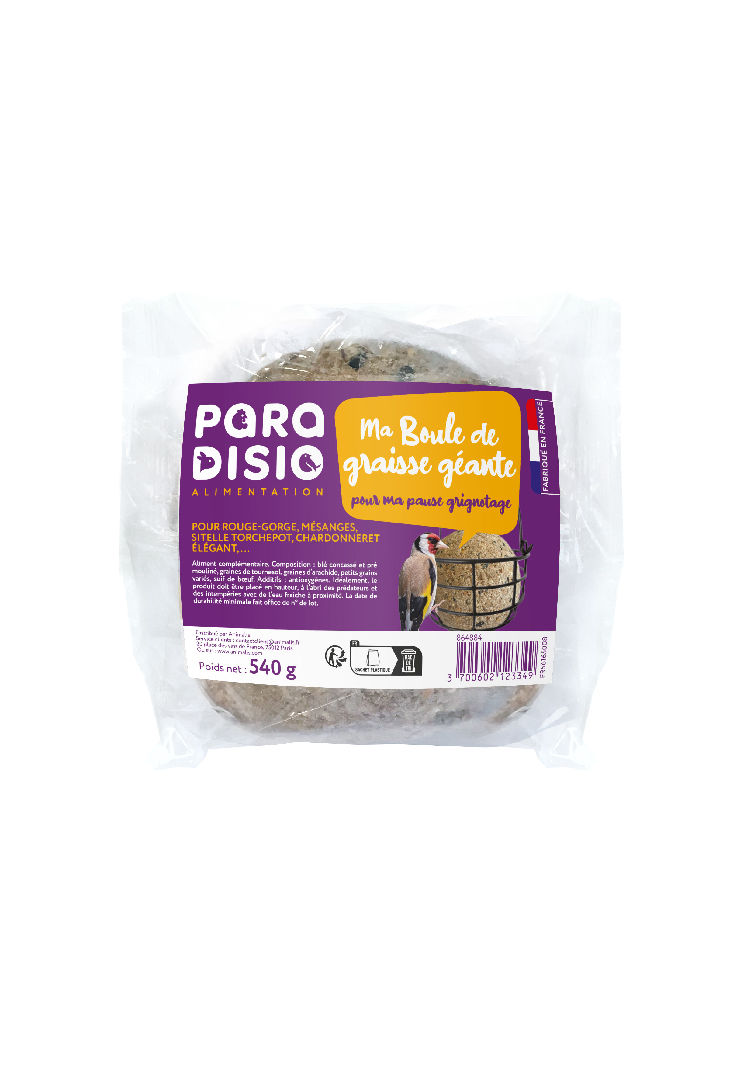 Paradisio - Boule de Graisse G&eacute;ante pour Oiseaux des Jardins - 540g Image num&eacute;ro 1