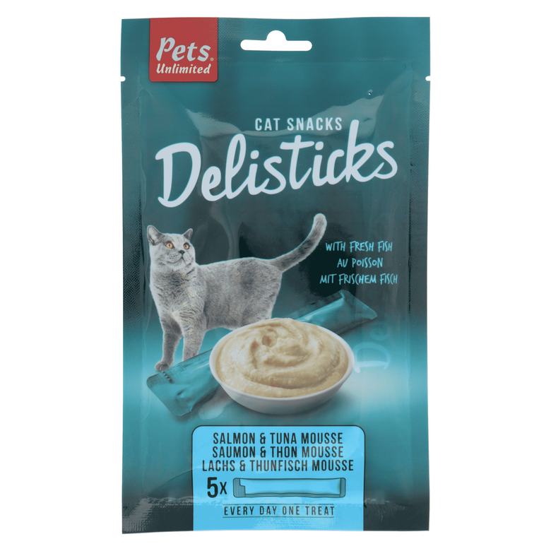 Pets Unlimited - Friandises Delisticks Mousse Saumon et Thon pour Chat - 5x14g Image numéro 1 Pets Unlimited - Friandises Delisticks Mousse Saumon et Thon pour Chat - 5x14g Image numéro 1