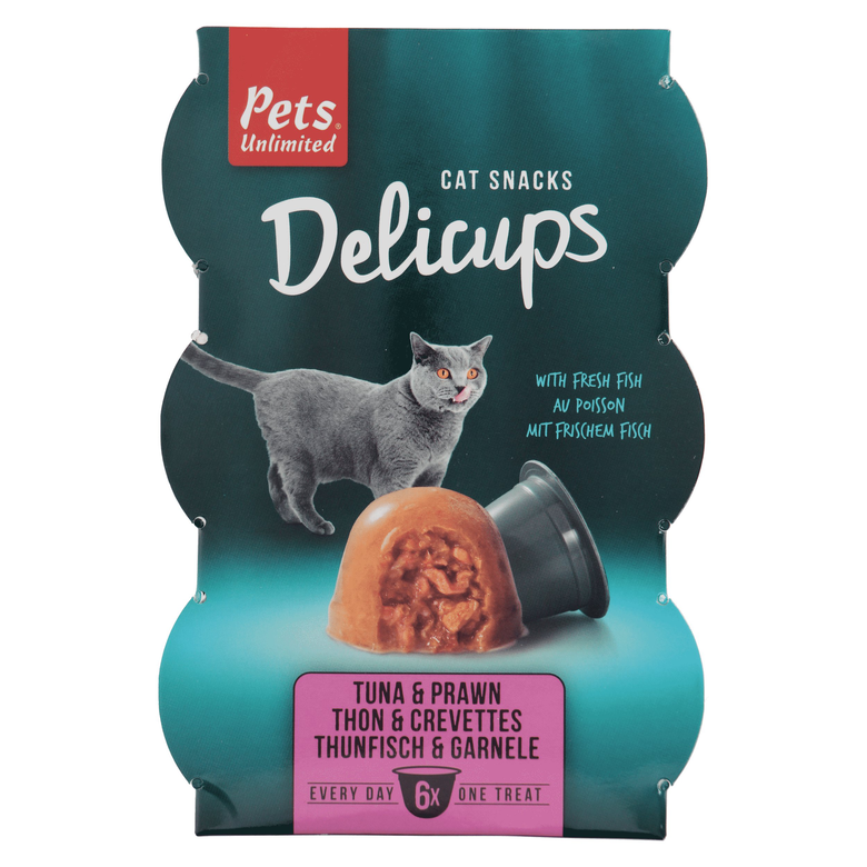 Pets Unlimited - Friandises Delicups au Thon et Crevettes pour Chat - 6x22g Image numéro 1 Pets Unlimited - Friandises Delicups au Thon et Crevettes pour Chat - 6x22g Image numéro 1