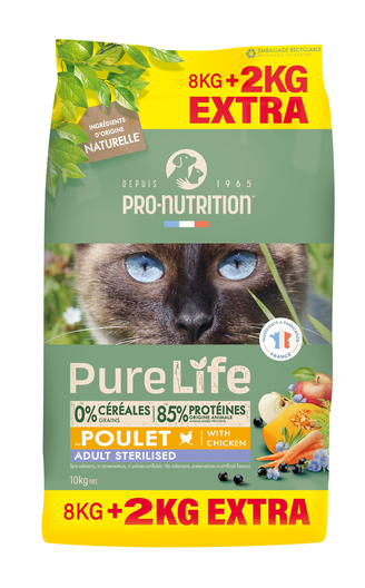 Pro-Nutrition - Croquettes Pure Life Chat Sterilised Poulet - 8kg + 2kg Offerts image number null