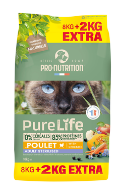 Pro-Nutrition - Croquettes Pure Life Chat Sterilised Poulet - 8kg + 2kg Offerts