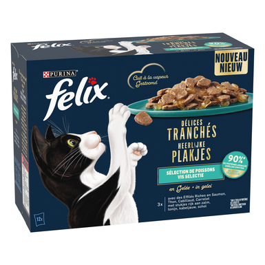 FELIX - Sachets Fraîcheur Délices Tranchés en Gelée Sélection Poissons pour chats adultes - 12x80g