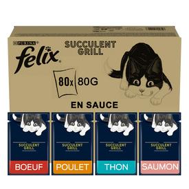 Felix - Succulent Grill en Sauce Poulet B&oelig;uf Saumon et Thon pour Chats Adultes - 80x80g

