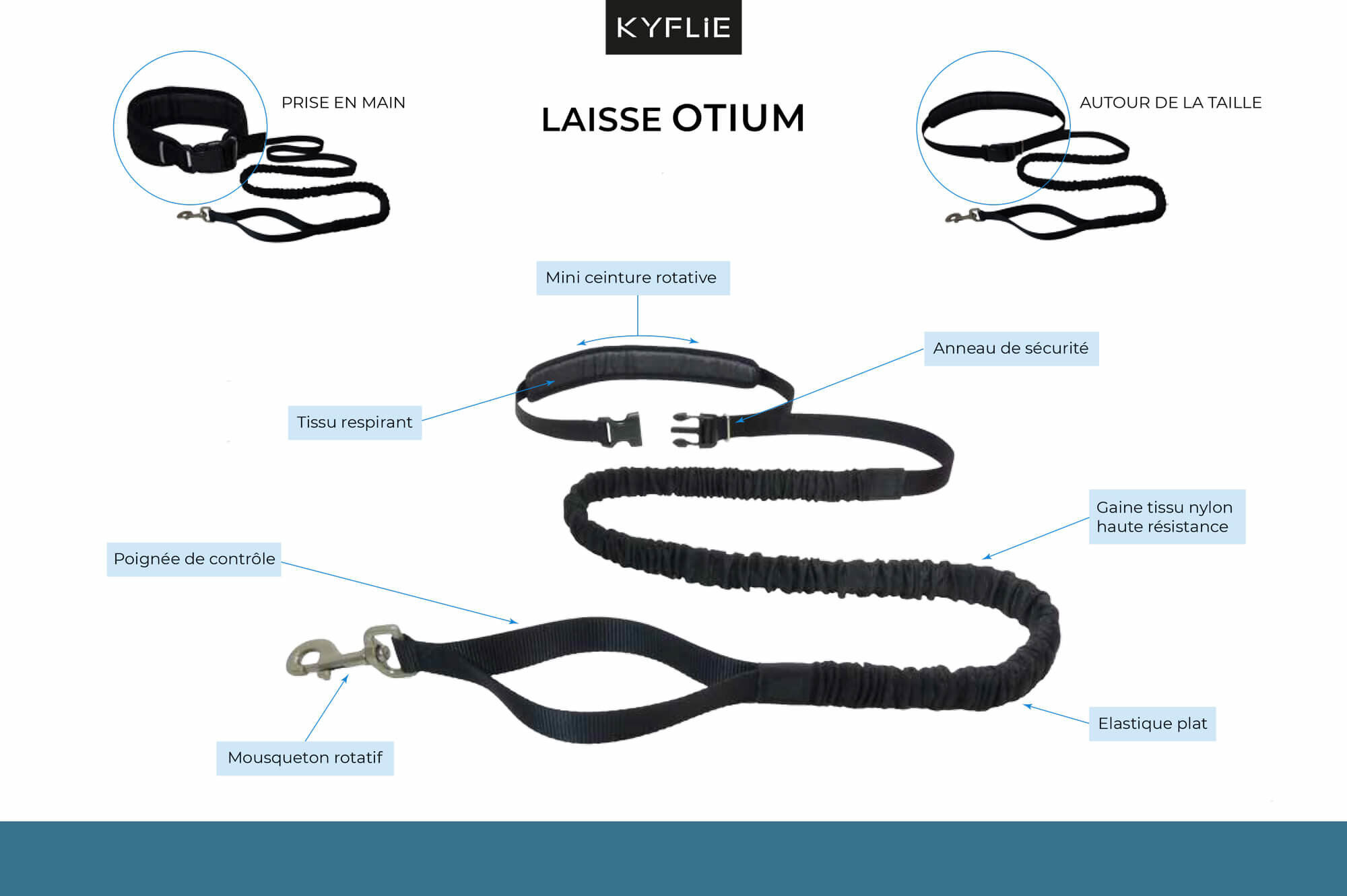 Kyflie - Laisse Ceinture &eacute;lastique Anti-chocs OTIUM Noir pour Chien - 2,90m Image num&eacute;ro 2