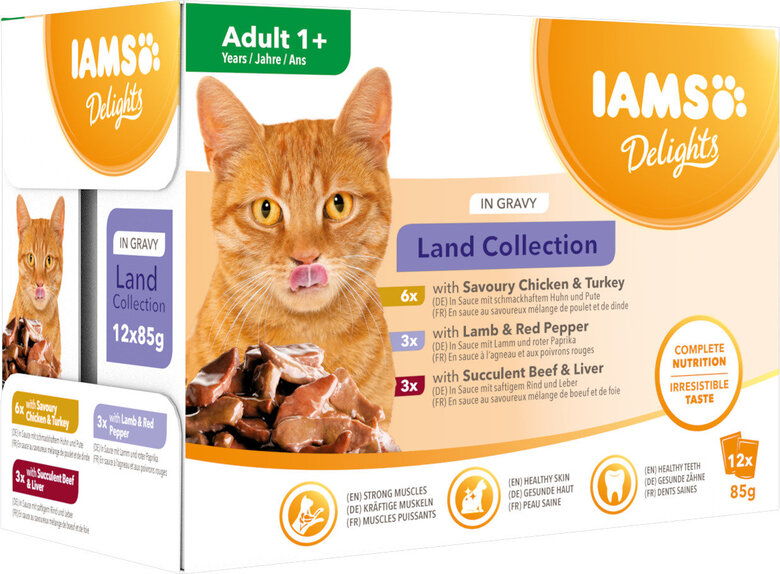 Iams - Boite Sachets Humides Delights Terre "Land Collection" en Sauce pour Chats - 12x85g Image numéro 1 Iams - Boite Sachets Humides Delights Terre "Land Collection" en Sauce pour Chats - 12x85g Image numéro 1