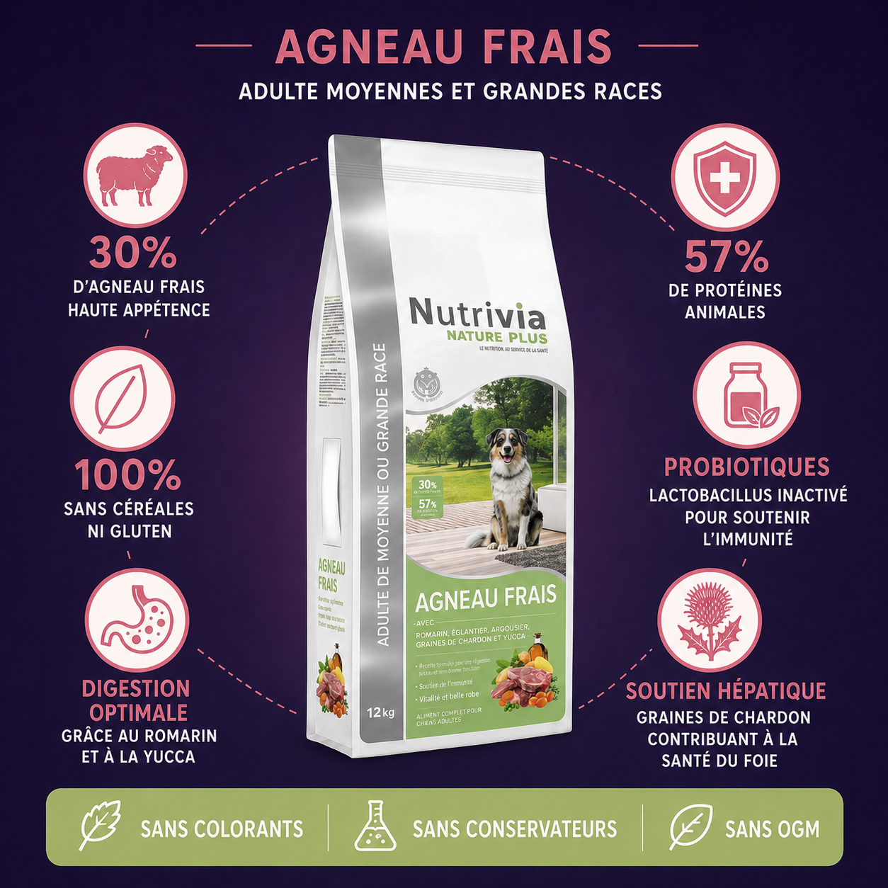 Nutrivia Nature Plus - Croquettes Naturelles &agrave; l'Agneau Frais pour Chien Adulte de Moyenne et Grande Race - 12Kg Image num&eacute;ro 3