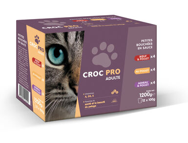 Croc Pro - Bouchées en Sauce Boeuf et Poulet pour Chats Adultes - 12x100g