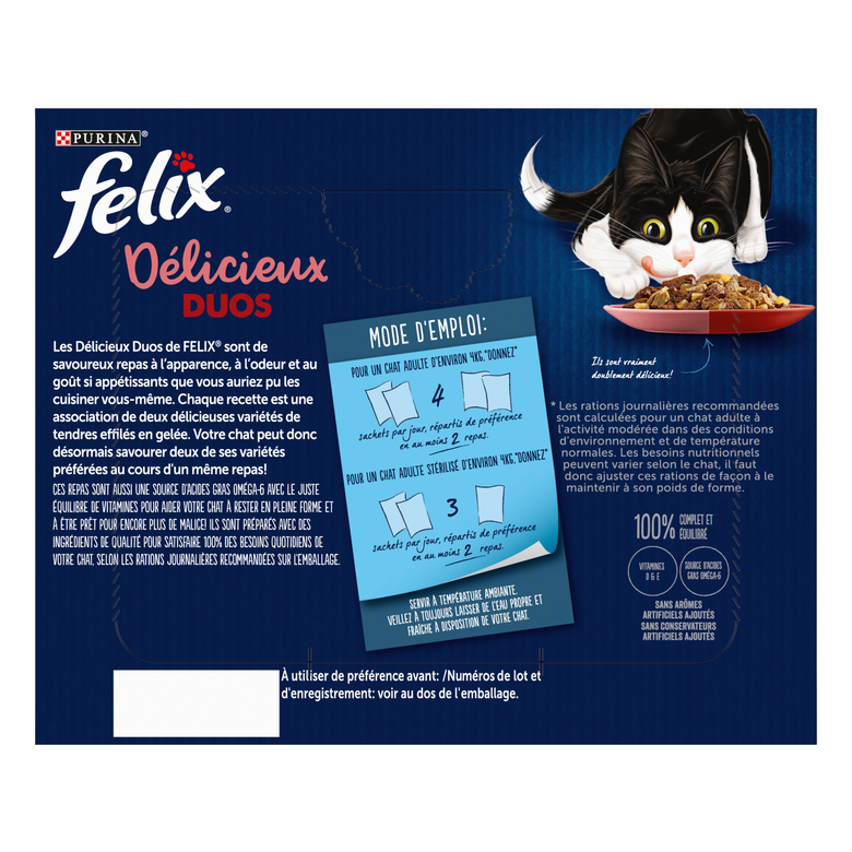 FELIX - Sachets fraîcheurs Délicieux Duos en Gelée Mixte Boeuf poulet Poisson pour Chats- 24x85g Image numéro 2 FELIX - Sachets fraîcheurs Délicieux Duos en Gelée Mixte Boeuf poulet Poisson pour Chats- 24x85g Image numéro 2