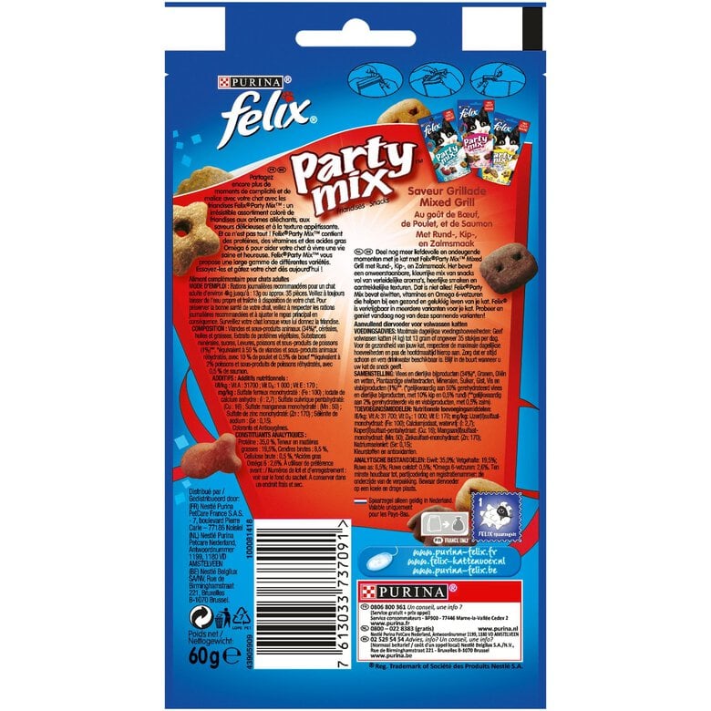 Felix - Friandises Party Mix Saveur Grillade pour Chat - 60g Image numéro 4 Felix - Friandises Party Mix Saveur Grillade pour Chat - 60g Image numéro 4