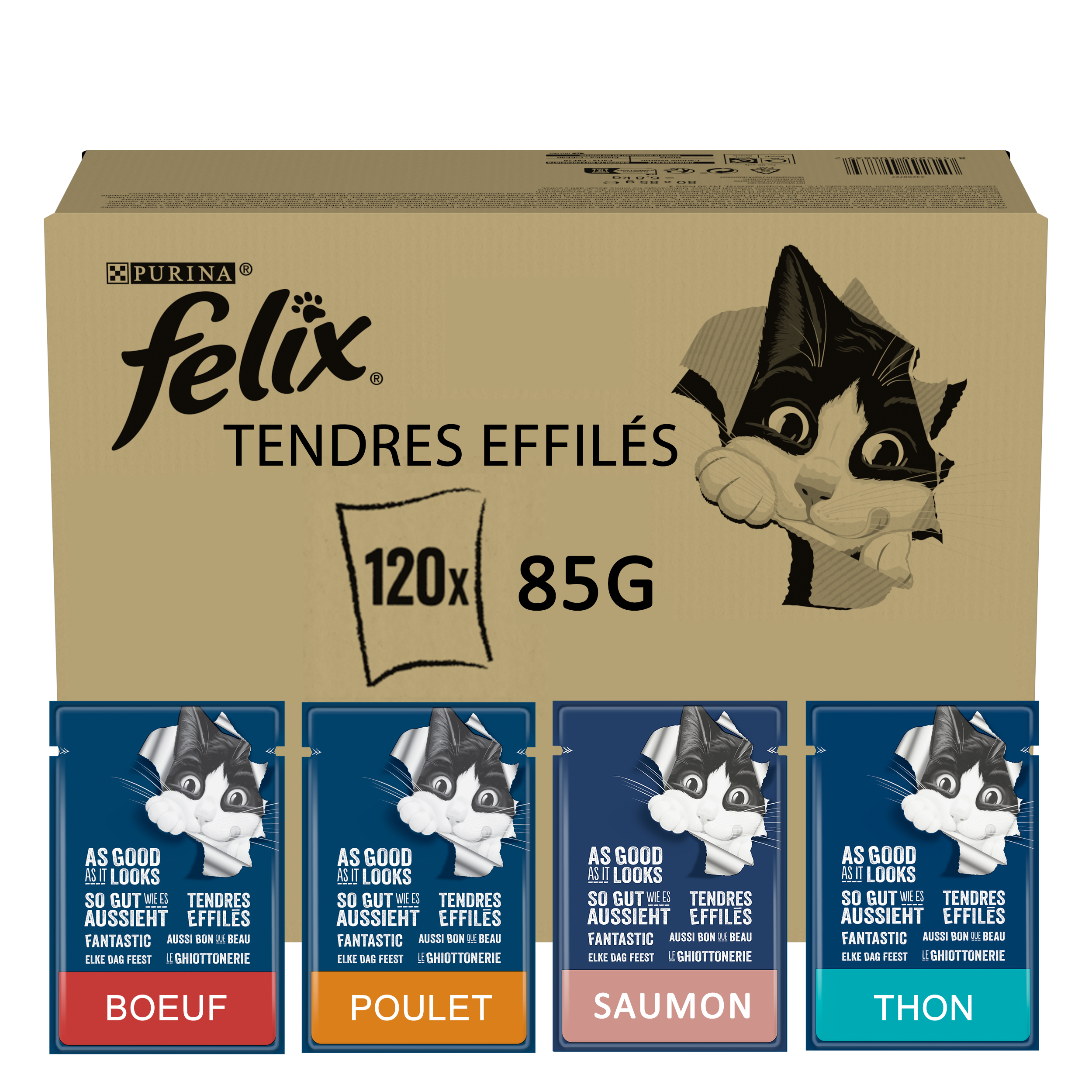 Felix - Tendres Effil&eacute;s en Gel&eacute;e S&eacute;lection Mixte B&oelig;uf Poulet Thon Saumon - 120x85g Image num&eacute;ro 1