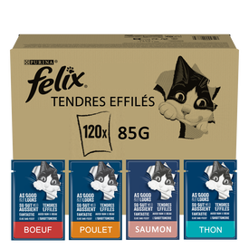Felix - Tendres Effil&eacute;s en Gel&eacute;e S&eacute;lection Mixte B&oelig;uf Poulet Thon Saumon - 120x85g