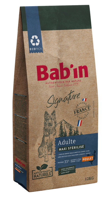 Bab'in -  Croquettes Poulet pour Chiens Maxi Stérilisés - 12kg Image numéro 1 Bab'in -  Croquettes Poulet pour Chiens Maxi Stérilisés - 12kg Image numéro 1