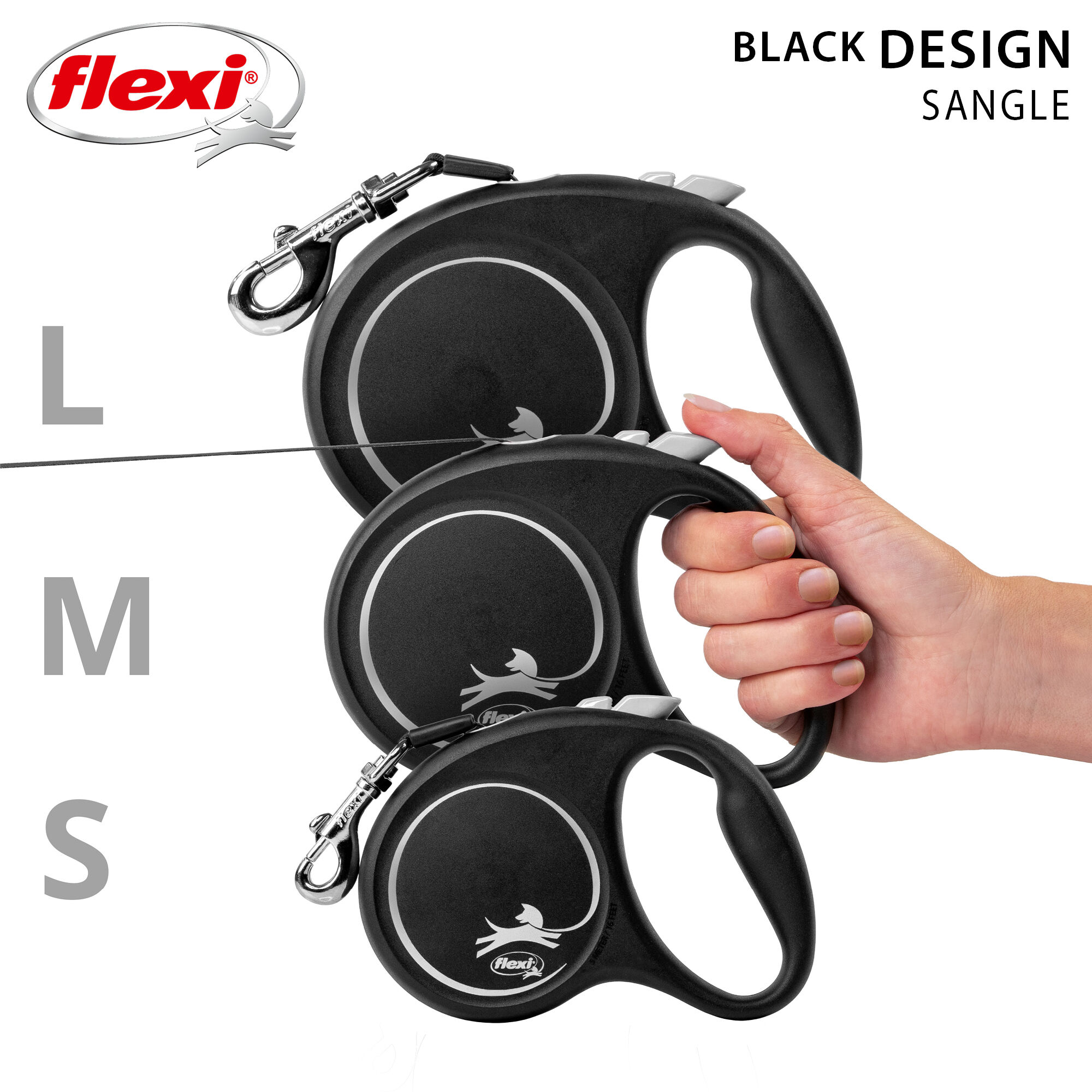 Flexi - Laisse &agrave; Enrouleur Black Design M Sangle - 5m Noir/Argent Image num&eacute;ro 4