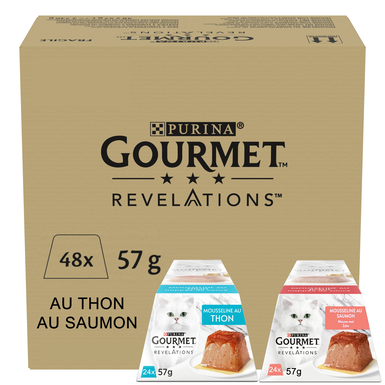 Gourmet - Repas REVELATIONS Mousseline Thon et Saumon nappée de sauce pour Chats - 48X57g