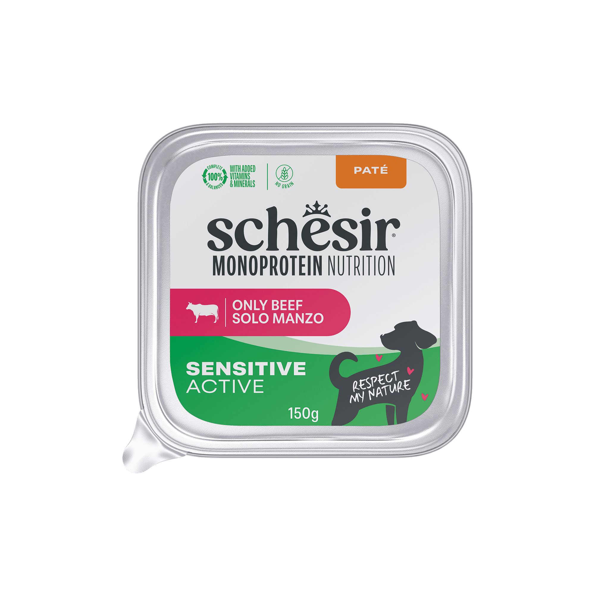 Schesir - P&acirc;t&eacute;e en Barquette Monoprotein Sensitive Active B&oelig;uf pour Chiens - 150g Image num&eacute;ro 1